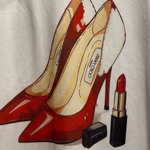 White T-Shirt with Red Heels Graphic Says Jimmy Choo - Picture 2 of 5